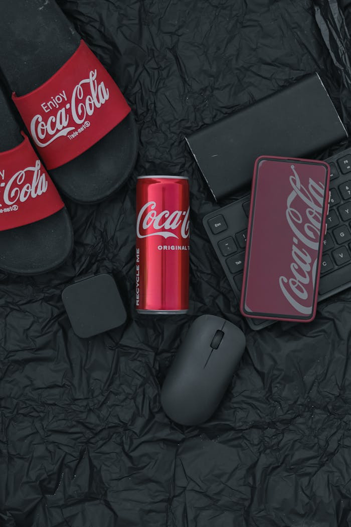 A creative flat lay featuring Coca-Cola branding on sliders, can, and tech accessories against a textured surface.